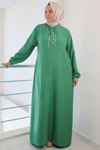 42010 Büyük Beden Keten Airobin Düğmeli Elbise - Yeşil