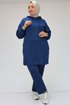 47074 Plus Size Button Detailed Osyho Trouser Suit - Navy Blue