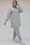 47074 Plus Size Button Detailed Osyho Trouser Suit - Gray