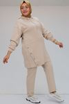 47074 Plus Size Button Detailed Osyho Trouser Suit - Beige