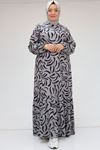 42036 Plus Size Patterned Burümcük Dress with Ruffled Skirt - Gray-Black