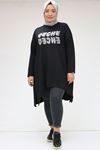 48055 Plus Size Crystal Qeche Printed Asymmetrical Tunic - Black