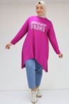 48055 Plus Size Crystal Qeche Printed Asymmetric Tunic - Fuchsia