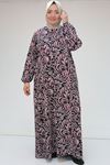 42037 Plus Size Patterned Burümcük Dress with Elasticized Sleeves - Black-Fuchsia