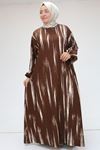 42037 Plus Size Patterned Burümcük Dress with Elasticized Sleeves - Coffee