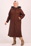 33070 Large Size Buttoned Removable Hooded Cashmere Coat-Brown